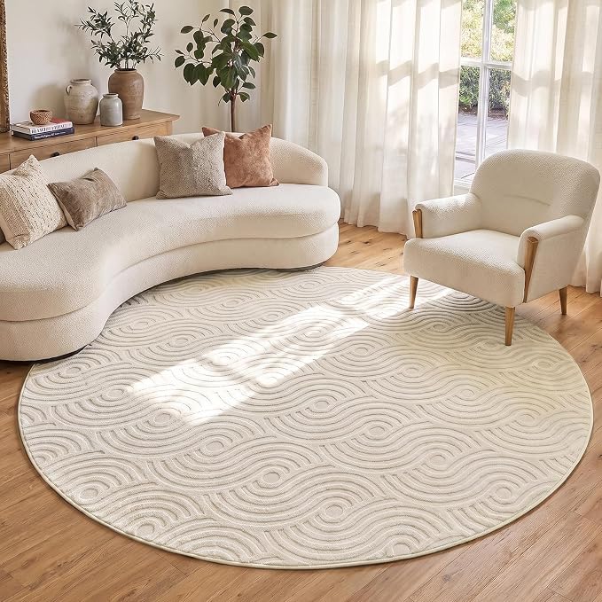 Etwel 6.5 ft Beige Abstract Textured High-Low Pile Washable Round Rug | Modern Soft Carpet, Non-Slip PVC Backing, Low Profile, Kid and Pet Friendly, for Living Room, Bedroom, Dining Room, Nursery