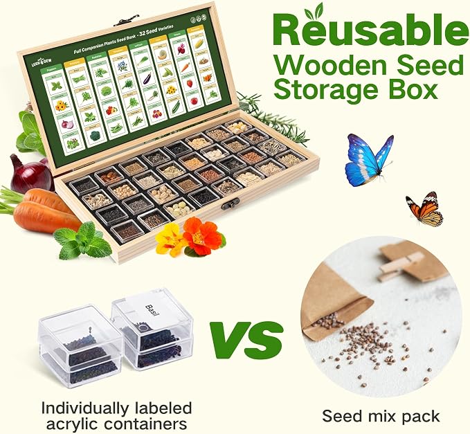 Lush&Dew Companion Plants Heirloom Seed Bank, Gardening Gifts for Women Men | 32 Varieties 30,000+ Non-GMO Vegetable Seeds for Planting in Raised Garden Bed Greenhouse, Survival Seed Kit for Food Supply