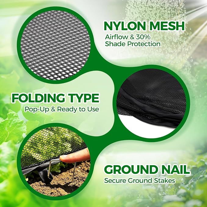 BobbleT 2 Pack Garden Covers for Raised Beds, Pop Up Mesh Plant Cover with 30% Sunblock Shade Cloth, Crop Cage for Seedlings & Vegetables, Black Outdoor Garden Bed Cover with 16 Metal Stakes