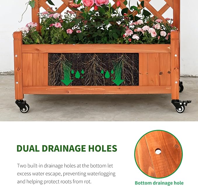 2 Pack Trellis Raised Garden Bed with Wheels, 38" Tall Wooden Planter Box with Trellis, Lattice Privacy Screen with Drainage Holes for Patio Balcony Garden