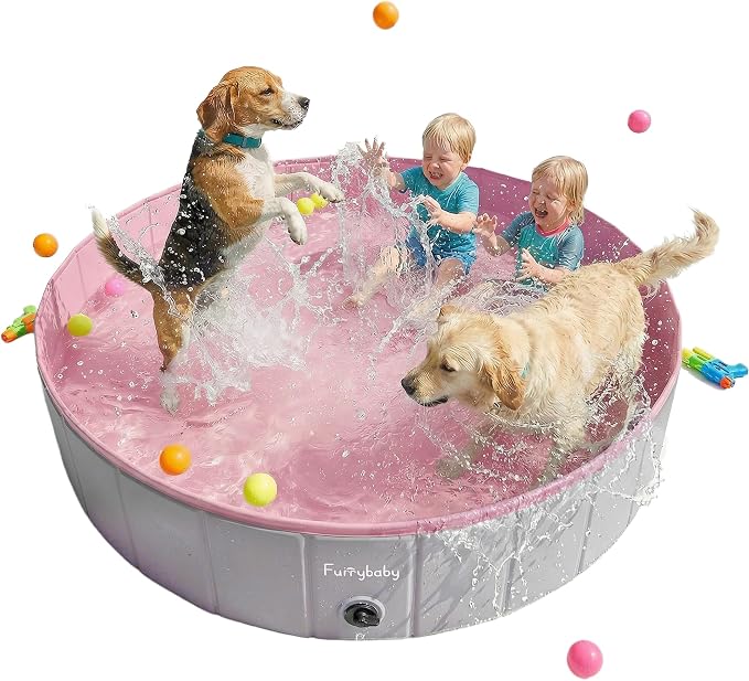 Furrybaby Foldable Dog Pool Non-Slip Hard Bath Tub Indoor Outdoor Pets Kids | Collapsible rigid dog pool with non-slip PVC, durable hard plastic tub, portable indoor & outdoor use for pets and kids, pink
