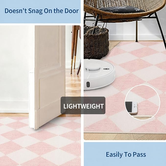 GarveeHome 2x6 Checkered Washable Runner Rug Girls Bedroom Pink Non Slip | Kitchen Runner Diamond Print Entryway Rug Thin Laundry Mat Stain Resistant Carpet for Bathroom Beside Mat