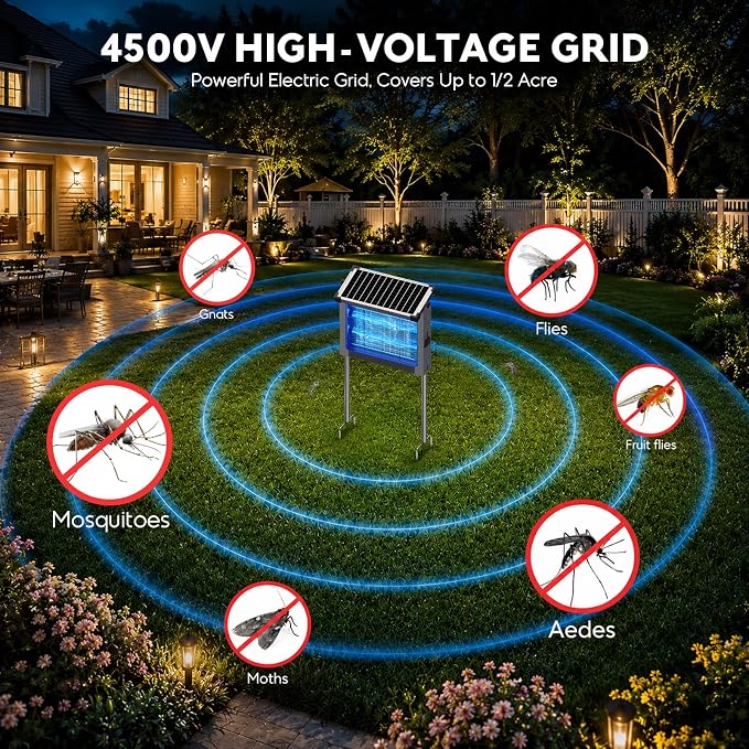 Solar Bug Zapper Outdoor, Waterproof Mosquito Zapper Outdoor Solar Powered, 4500V Electric Bug Zapper Indoor with Smart Light Sensor, Mosquito Trap Fly Zapper for Patio Kitchen Garage Yard Camping
