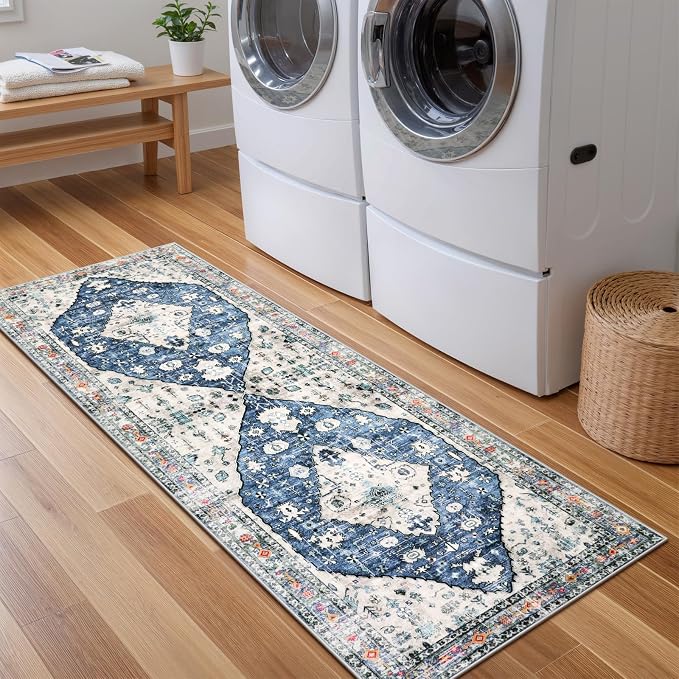 Lahome Felice Boho Tribal Runner Rug - 2x5 Blue Soft Bathroom Rug Runner Laundry Room Mat, Medallion Soft Non Slip Machine Washable Entryway Carpet Runners for Kitchen Sink Bedside Front Door Hallway