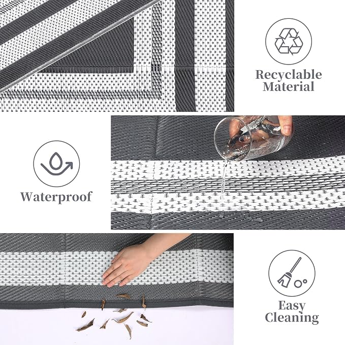 Garvee Outdoor Rug 9x18 Outdoor Patio Rug Reversible Plastic Straw Rugs Waterproof Foldable Mat Easy Clean Lightweight Carpet for Backyard Camping Porch RV Beach Balcony Deck Picnic Panel Grey