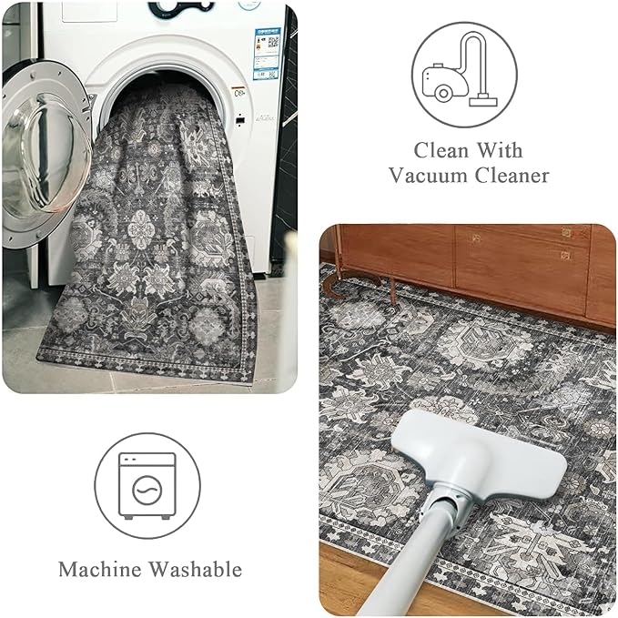 Washable Area Rugs - Perfect for Living Room, Bedroom, Kids Room, Nursery - Stain & Water Resistant Non-Slip, Pet & Child Friendly, Vintage Tribal Area Rugs (Grey, 3' x 5 ')