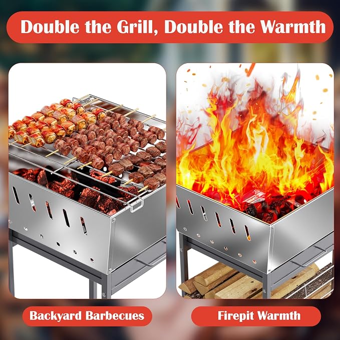 24 Inch Stainless Steel Outdoor Fire Pit with Grill 3-in-1 Wood Burning Fire Pits for Outside Square Firepit with Wood Storage and Ash Pan for Camping Patio Bonfire and BBQ