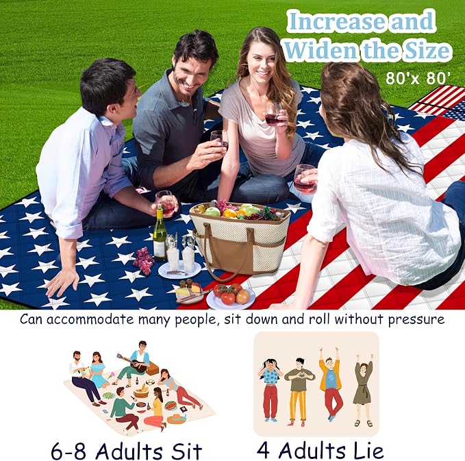 Poedist Extra Large Patriotic Picnic Blanket Waterproof,80"x 80"Foldable Machine Washable Beach Blanket,Outdoor Blanket for 6-8 Adults,Suitable for Indoor Crawling,Park Beach,Camping,Hiking,Travel