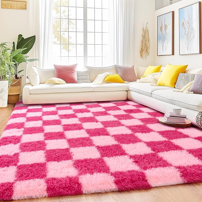 Checkered Rug 9x12 for Living Room, Ultra Fluffy Fuzzy Shag Large Area Rug for Bedroom, Modern Plush Soft Upgrade Non-Slip Carpet for Kids and Girls Room Dorm Home Decor, Pink and Hot Pink