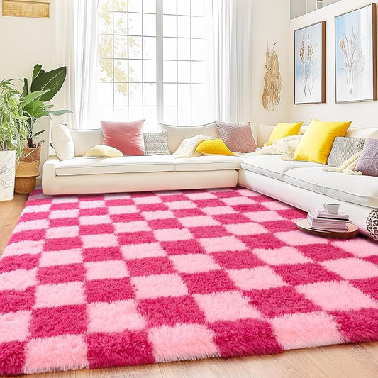 Checkered Rug 9x12 for Living Room, Ultra Fluffy Fuzzy Shag Large Area Rug for Bedroom, Modern Plush Soft Upgrade Non-Slip Carpet for Kids and Girls Room Dorm Home Decor, Pink and Hot Pink