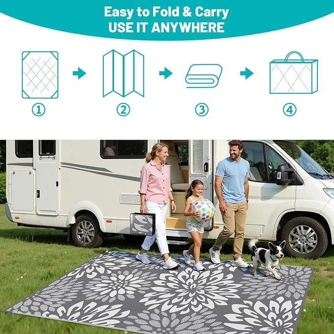 HEBE Waterproof Outdoor Rug 5x8 for Patios, Floral Reversible Plastic Straw Rug Patio Mat, Indoor Outdoor Carpet RV Mat Camping Rug for Deck, Camper, Porch, Balcony, Backyard, Picnic