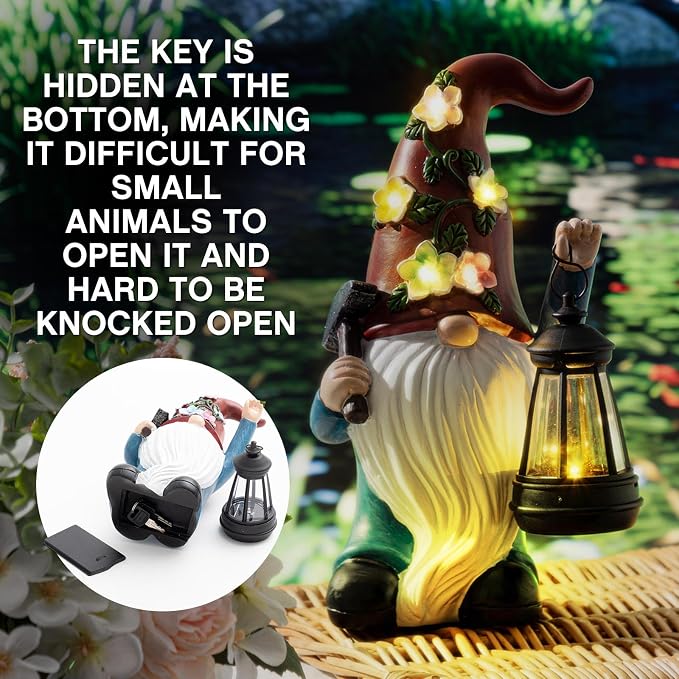 Riakrum Gnome Hide a Key Outside Figurine Key Hider with Solar Light Yard | Resin Waterproof Garden Statue, Hidden Spare Key Compartment, Solar Lights Glow at Night, Gift for Women Homeowners