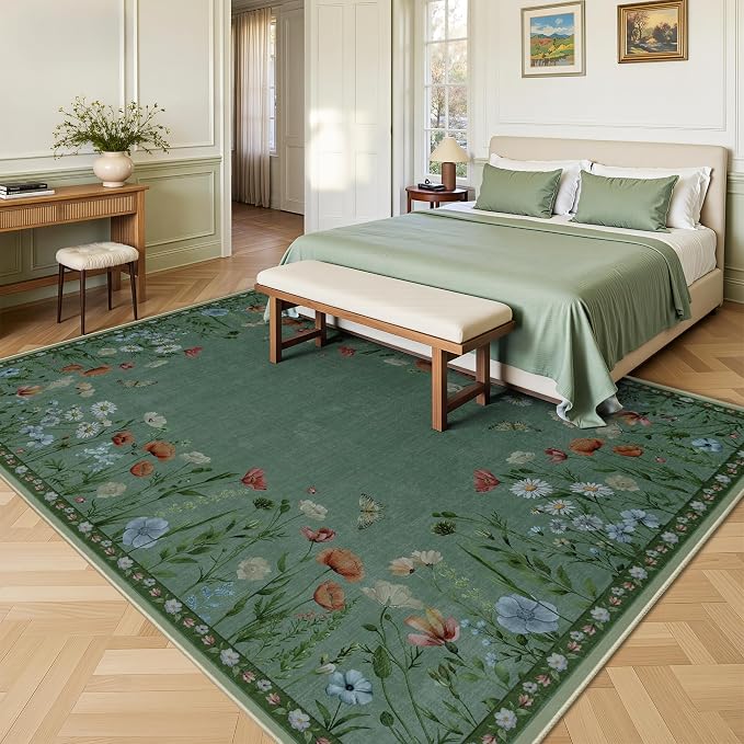 5x7 Area Rugs, Rug for Bedroom, Indoor Non-Slip Washable Rugs for Living Room, Dining Room, Low Pile Home Decor Floral Rug(Green)