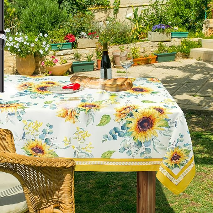 Outdoor Tablecloth with Umbrella Hole and Zipper, Rectangle Patio Table Covers for Spring/Summer, Machine Washable Outdoor Picnic Table Cloth (Sunflower, 60" × 84" Rectangular)