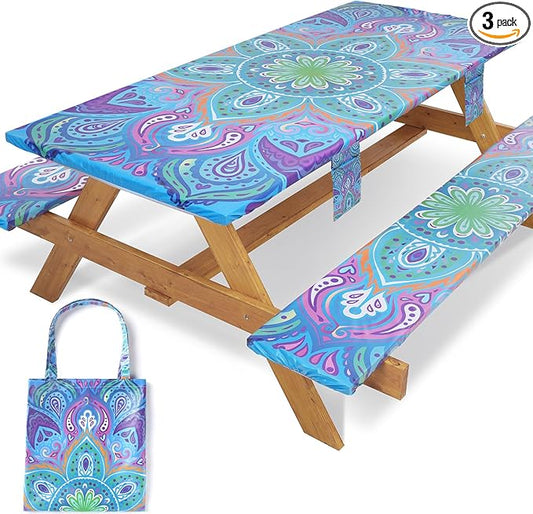 Jobunai Picnic Table Cover with Bench Covers Fitted Waterproof Camping Tablecloth with Elastic for 6 Foot Rectangle Tables Outdoor Travel Rv Essentials Summer Vacation Accessories Gifts for Men Women