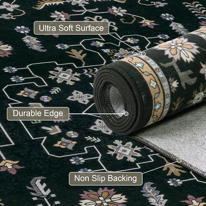 8x10 Area Rugs Living Room: Washable Vintage Rug for Bedroom Black | Boho No Slip Stain Resistant Rug Soft Indoor Decor Floor Floral Area Rugs for Dining Room, Nursery, Hallway, Home Office