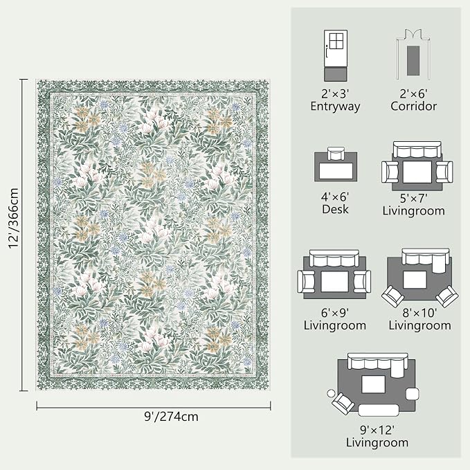 Botanical Floral Area Rug 9x12 Light Green Cream Vintage Garden Design, Perfect for Living Room, Bedroom, Kids Room, Nursery - Stain & Water Resistant Non-Slip, Pet & Child Friendly Area Rugs