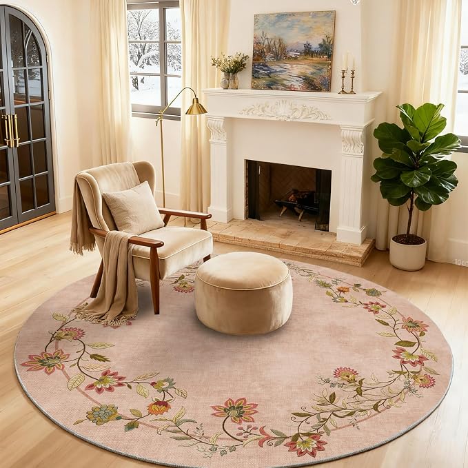 Washable Bedroom Round Rug 4ft: Living Room Circle Rug Stain Resistant Non Slip Low Pile Soft Faux Wool Small Area Rugs for Bedroom Kitchen Entryway Bathroom Kids Room Entrance Nursery Dorm Office
