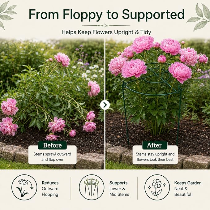 Peony Cages and Supports, 8 Pack 12 in x 15.7 in Metal Grow-Through Plant Support Rings, 3-Leg Garden Stakes for Peonies, Roses, Hydrangeas, Dahlias & Tomato Plants