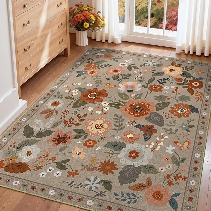 RELEANY Floral Washable 3x5 Area Rugs Brown/Brick | Flower Carpet, Print, Boho, Non-Slip, Easy to Clean, Soft, Low Pile for Living Room Bedroom Kitchen Office Entryway Hallway