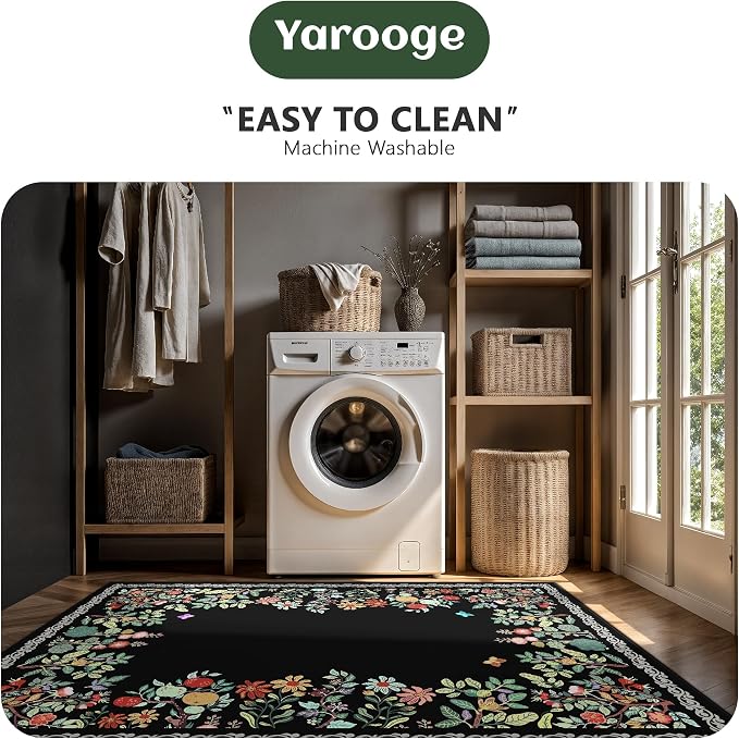 8x10 Area Rugs, Eco-Friendly Floral Washable Rug, Large Rugs for Living Room, Dining Room, Non-Slip Soft Durable Bedroom Rug（Black）