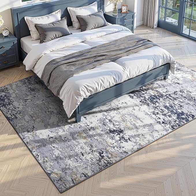 Toneed Washable 5x7 Area Rug with Non-Slip Backing for Living Room | Abstract Modern Rugs, Soft Low Pile Carpet for Bedroom Kitchen Dining Room Nursery Indoor Floor Home Decor, Blue White Gold