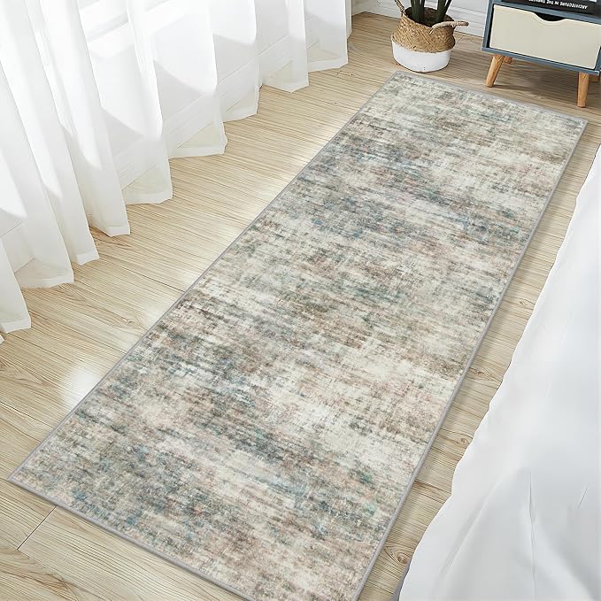 2'6''x8' Runner Rugs Washable Rug: Modern Abstract Multi Color Carpet | Non-slip TPE backing makes this washable soft low-pile rug safe & durable, Pet-friendly decor for dining room,nursery,office