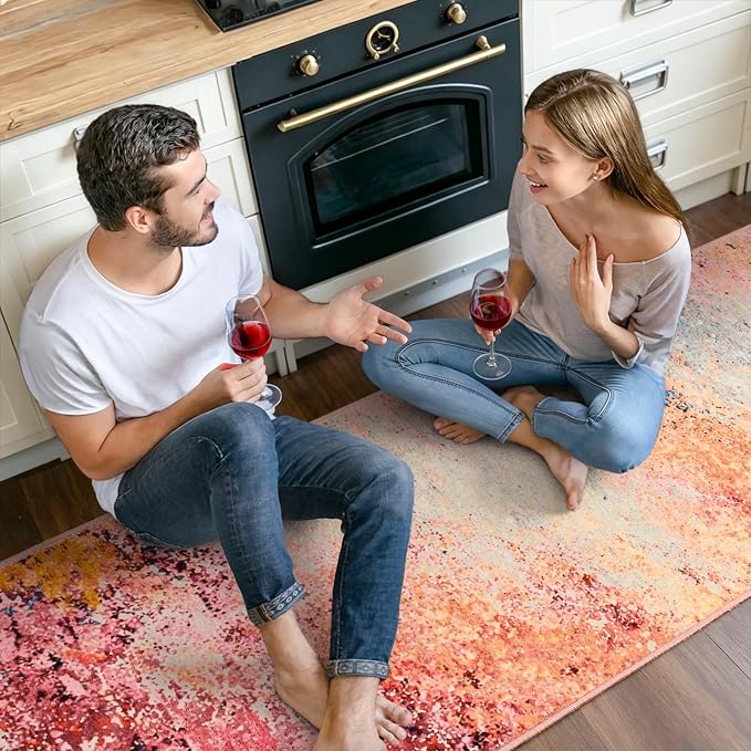 Toneed Washable 2x6 Non-Slip Abstract Runner Rug for Hallway Kitchen | Soft Modern Low Pile Area Rugs for Bedroom Laundry Living room,Indoor Carpet for Bedside Home Decor, Galaxy Pink