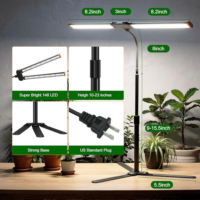2-Pack Grow Light for Indoor Plants Growing,6000K LED Lamp for Desk Plants | Sun Spectrum with White Red Blue LED,Light Strip Foldable & Height Extendable 9-25'', Auto Timer 4 8 12Hrs
