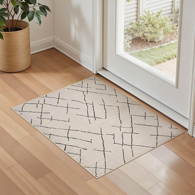 kakania Washable 2x3 Area Rug for Entryway: Boho Geometry Home Decor Rug | Soft Stain Resistant, Low-Pile, Non-Slip, Pet & Kid Friendly, Thin Carpet for Hallway/Kitchen/Bathroom - Beige
