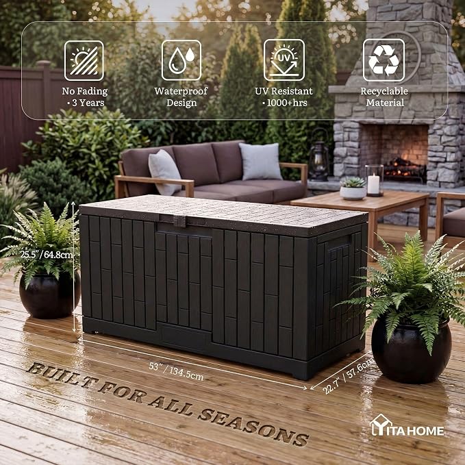 YITAHOME 120 Gallon Outdoor Storage Deck Box | Large Resin Patio Storage Box with Slide-Locking Lid, 53"L 2-Person Bench Seat for Outdoor Pillows, Garden Tools &