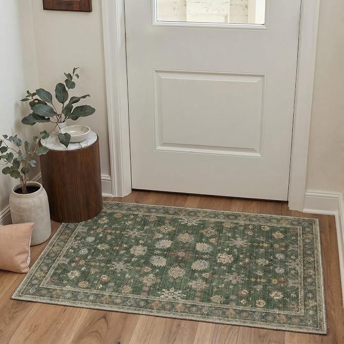 2x3 Doormat, Vintage Floral Washable Non Slip Area Rug for Entrance | Floral Soft Low Pile Boho Small Rug for Entryway Bedside Kitchen, Stain Resistant Lightweight Easy Care Rug, Dusty Green