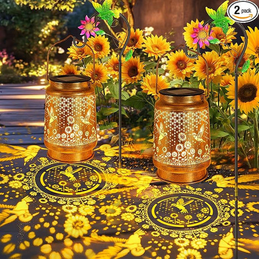 2 Pack Hummingbird Sunflower Solar Lanterns Outdoor with Shepherd Hook, Birthday Gift Mothers Day Gift for Women Mom Grandma Wife Daughter, Waterproof Hanging Lights, Decor for Yard Garden Patio Lawn