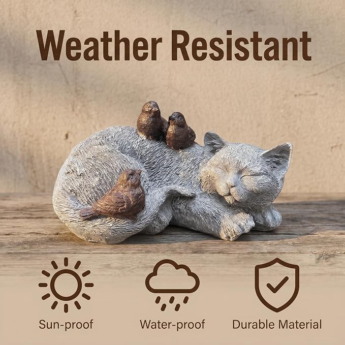 Resin Sleeping Cat Memorial Statue with Birds – Indoor Outdoor Garden Figurine Decor for Patio, Yard & Home, Realistic Tribute Sculpture, Sympathy Gift for Pet Lovers (11.4×7.3×5.9 in)