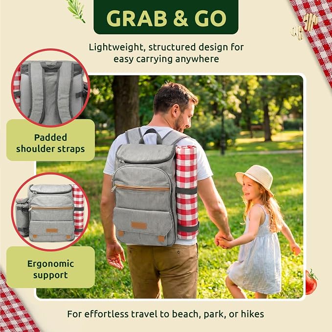 Nature Gear Picnic Backpack for 4, Insulated Picnic Set with Dinnerware, Wine Cooler, Blanket & Cutlery Service, Waterproof Outdoor Bag for Beach, Camping, Travel & Park, Red