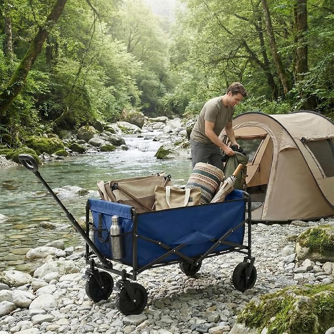 OLIXIS Collapsible Wagon 102L Standard Heavy Duty Utility Folding Wagon Cart with Lockable Brake Wheels – 330 lbs Weight Capacity, Flexible Handle for Beach, Grocery, Camping, Sports & Garden, Blue