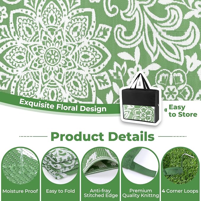 Findosom Waterproof Outdoor Rug 6' x 9' - Reversible Mandala Outdoor Plastic Straw Rug, Durable Foldable Patio Rug for RV, Deck, Balcony, Backyard, Picnic, Porch, Camping, Beach, Green