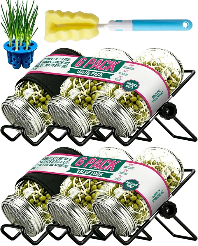 Seed Sprouting Jar Kit & Green Onion Regrower – 6 Regular Mouth Mason Jars with Stainless Steel Sprout Lids, Stand, Drain Tray & Blackout Sleeves – Grow Broccoli, Alfalfa, Mung Beans & Microgreens