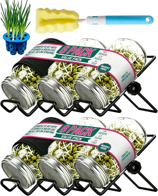 Seed Sprouting Jar Kit & Green Onion Regrower – 6 Regular Mouth Mason Jars with Stainless Steel Sprout Lids, Stand, Drain Tray & Blackout Sleeves – Grow Broccoli, Alfalfa, Mung Beans & Microgreens