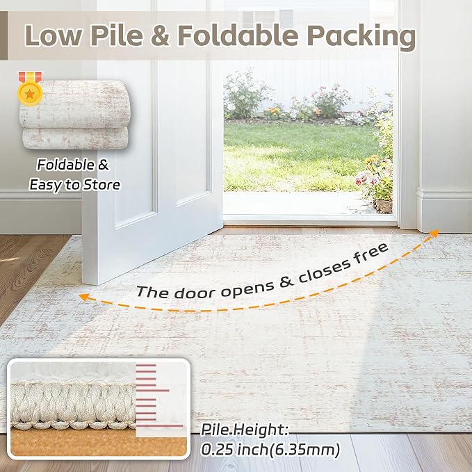 10x14 Area Rug for Living Room Bedroom: Non-Slip Modern Beige White | Machine Washable TPR Backing, Stain-Resistant Low Pile, Pet & Kid Friendly, Abstract Decor for Dining Room, Dorm, Home Office