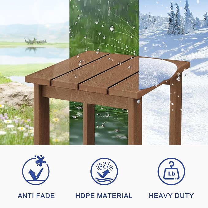 LZRS Patio Side Table, Heavy Duty HDPE Outdoor End Table with Wood Texture, Weatherproof Composite Table for Adirondack Chairs, Deck, Pool, Indoor/Outdoor, No Peeling or Cracking(Brown)