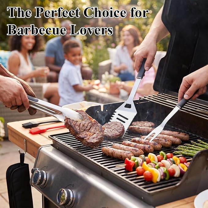 5PCS BBQ Tools, Stainless Steel Barbecue Accessories-Spatula, Fork, Tongs & Oil Brushes, Suitable for Camping and BBQ Use,Ideal BBQ Set Grilling Tools for Outdoor Grill, Gifts for Dad Husband