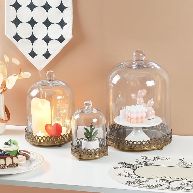 Twakutwku 12" Tall Large Sturdy Handmade Glass Cloche Dome with Metal Base in Gold for Plant, Terrarium, Collectibles, Candle. Cloche Glass Dome, Bell Jar Display Case (Gold, 12")