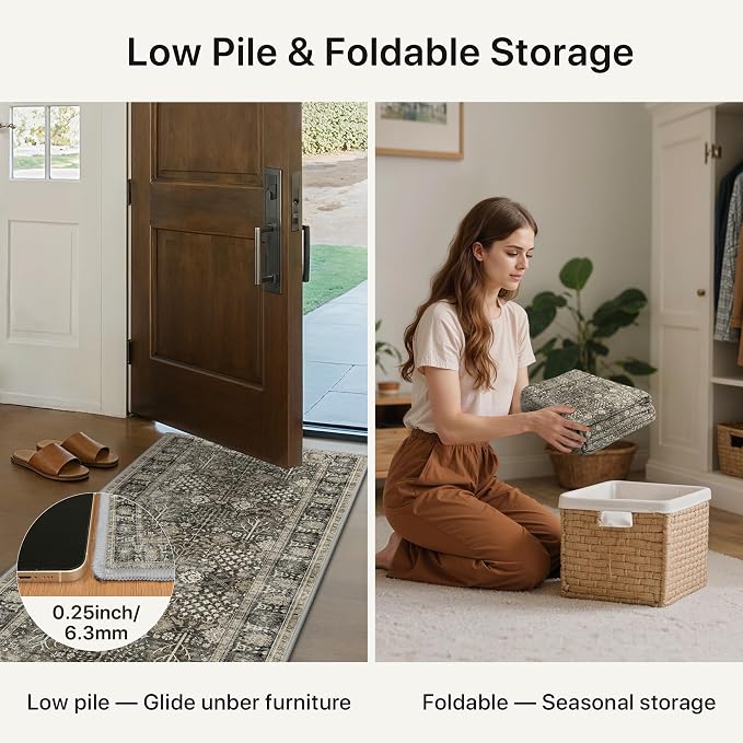 2.5x6 Kitchen Runner Rug, Washable Non Slip, Beige Brown | Vintage Floral Design, Spill Resistant Lightweight Low Pile Carpet for Hallway, Bedroom, Laundry Room, Bathroom