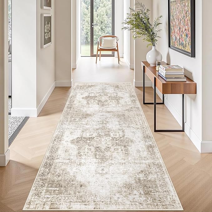 Runner Rug 2x6 Washable Rug, Vintage Boho Medallion Hallway Runner Non-Slip Soft Low Pile Distressed Floor Carpet Retro Doormat for Kitchen Bedroom Laundry Entryway Bathroom (Taupe, 2'x6')