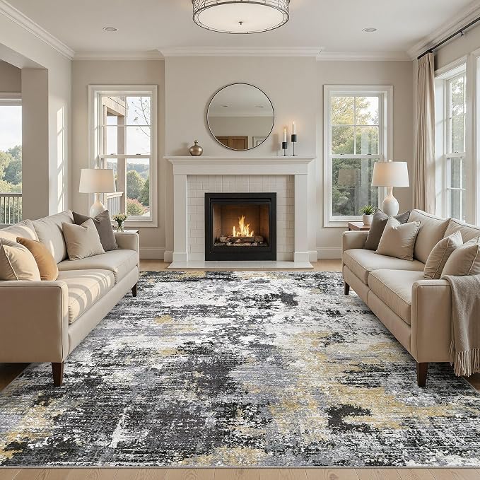 UERMEI 10x12 Area Rug for Living Room - Washable Neutral Modern Abstract Carpet, Non-Slip Soft Large Indoor Floor Rugs for Bedroom Home Office & Under Dining Table Decor, Black/White/Gold