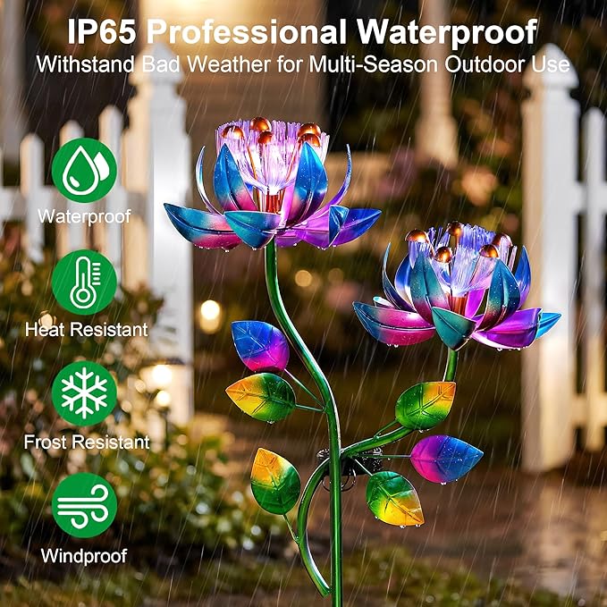 Solar Wind Spinner Outdoor 2-in-1 Garden Decor with LED Lights | Double Lotus Wind Spinner Adds Kinetic Yard Art Charm, Creating A Colorful Rotating Display For Garden Decor, Patio And Lawn