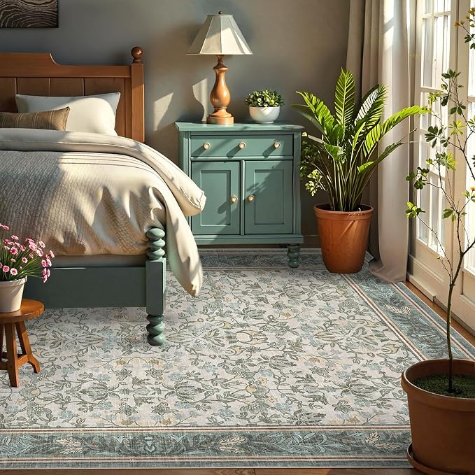 GarveeHome 5x7 Area Rugs for Living Room: Washable Bedroom Rug Sage Green | Boho Vintage Non Slip Soft Low Pile Stain Resistant Indoor Carpet for Farmhouse Dining Room Nursery Home Office