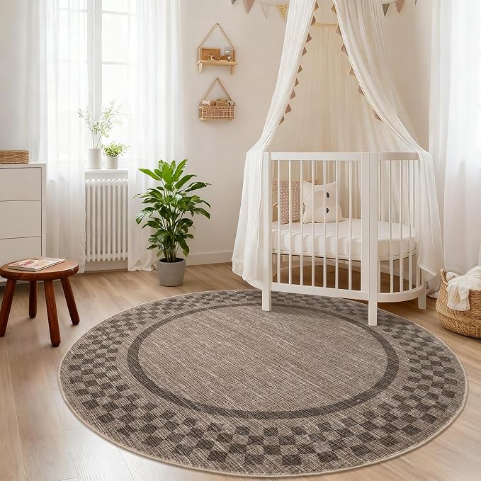 GarveeHome 6ft Washable Round Rug for Entryway Checkered Bedroom Circle Rug | Non Slip Soft Dining Room Throw Carpet Large Stain Resistant Border Round Rugs for Living Room Kitchen Bathroom, Brown