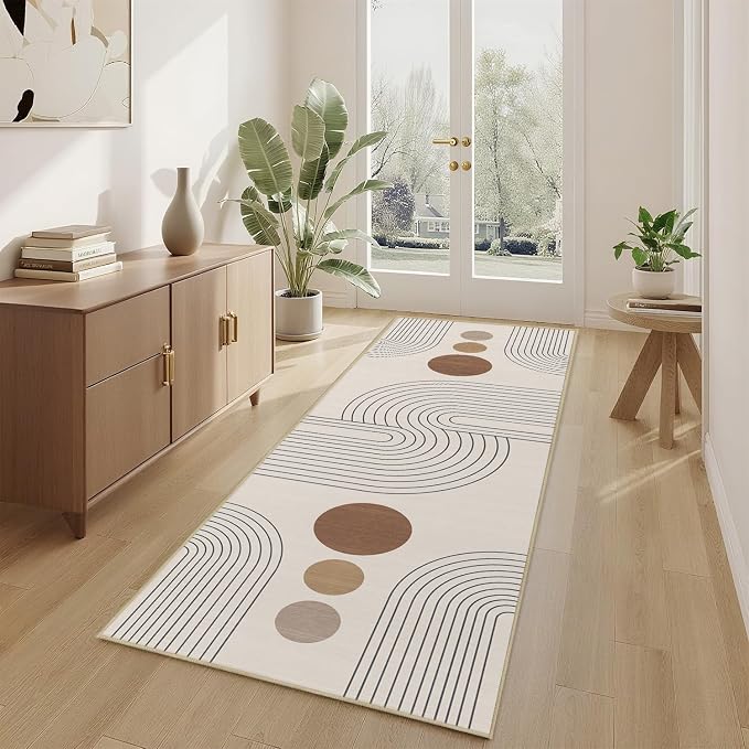Boho Runner Rug 2x6 Modern Geometric Abstract Rug for Hallway Kitchen Bedroom Neutral Beige Mid Century Modern Runner Machine Washable Non-Slip Printed Low-Pile Long Floor Carpet for Bathroom Laundry